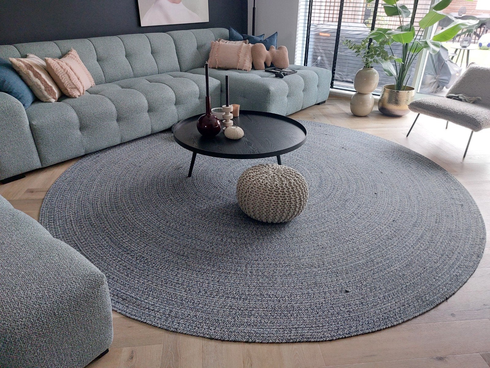 Groot Rond Vloerkleed 3m - Blauw grijs beige Gemeleerd - Z.g, Huis en Inrichting, Ophalen, Blauw, Rond, 200 cm of meer