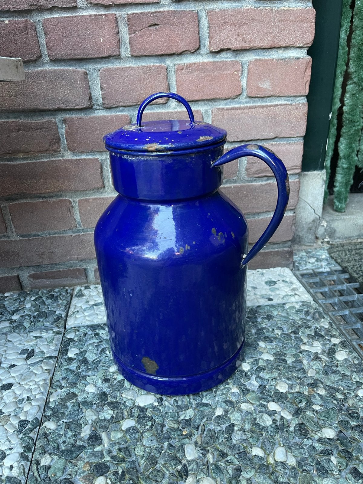 Vintage blauwe emaille melkkan met deksel, Ophalen of Verzenden