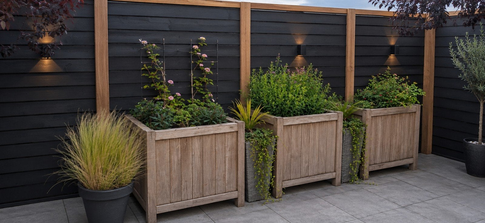 3 grote houten plantenbakken met bomen en hortensia, Tuin en Terras, Ophalen, Gebruikt, Vierkant, 60 tot 100 cm