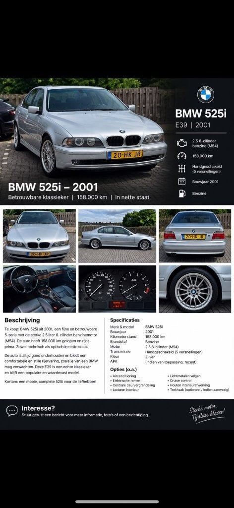 BMW 5-Serie 2.5 I 525 AUT 2001 Grijs, Auto's, 1505 kg, Leder en Stof, Bedrijf, Blauw