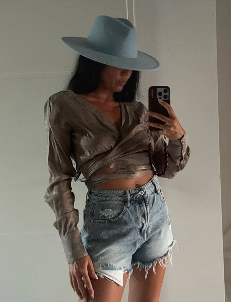 Pastelblauwe Fedora Hoed, Ophalen of Verzenden, Zo goed als nieuw, One size fits all, Hoed