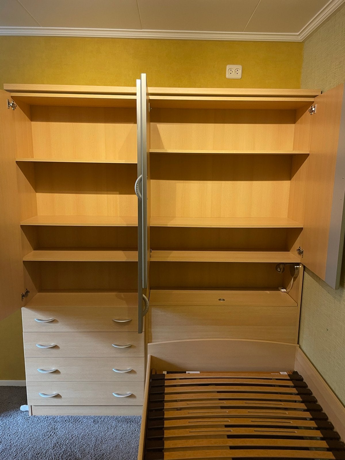 Beukenkleur Wandmeubel met Bed en Lattenbodem, Ophalen, Overige materialen, 90 cm, Zo goed als nieuw