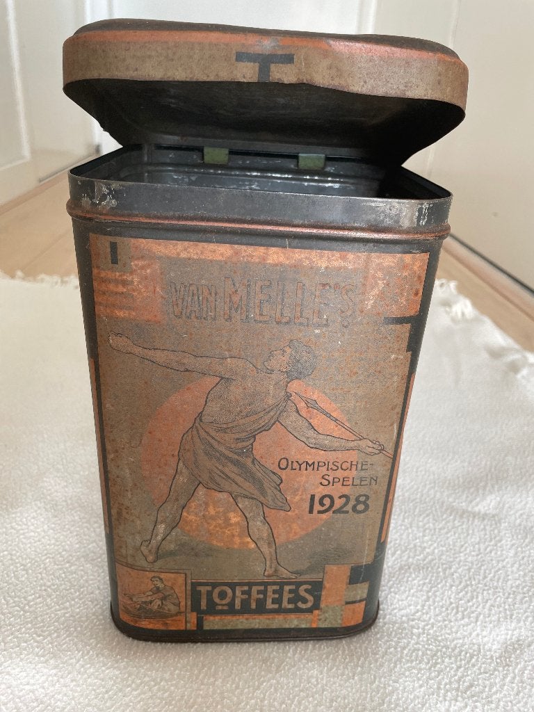 Van Melle Toffees blik, Olympische Spelen 1928, Verzamelen, Blikken, Ophalen, Gebruikt, Overige, Overige merken