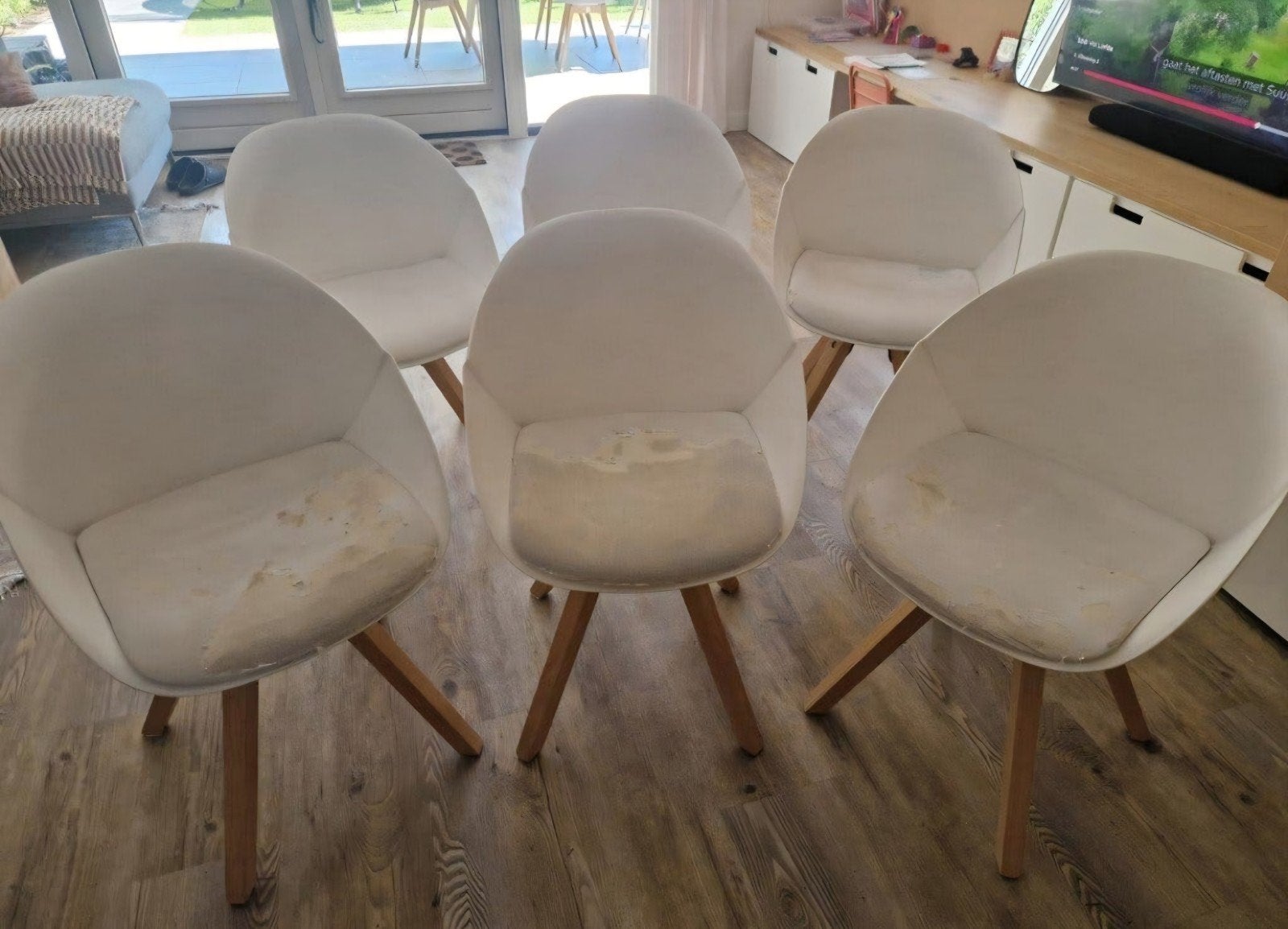 GRATIS 6x JaxxChoice eetkamerstoelen, Ophalen, Gebruikt, Wit, Stof