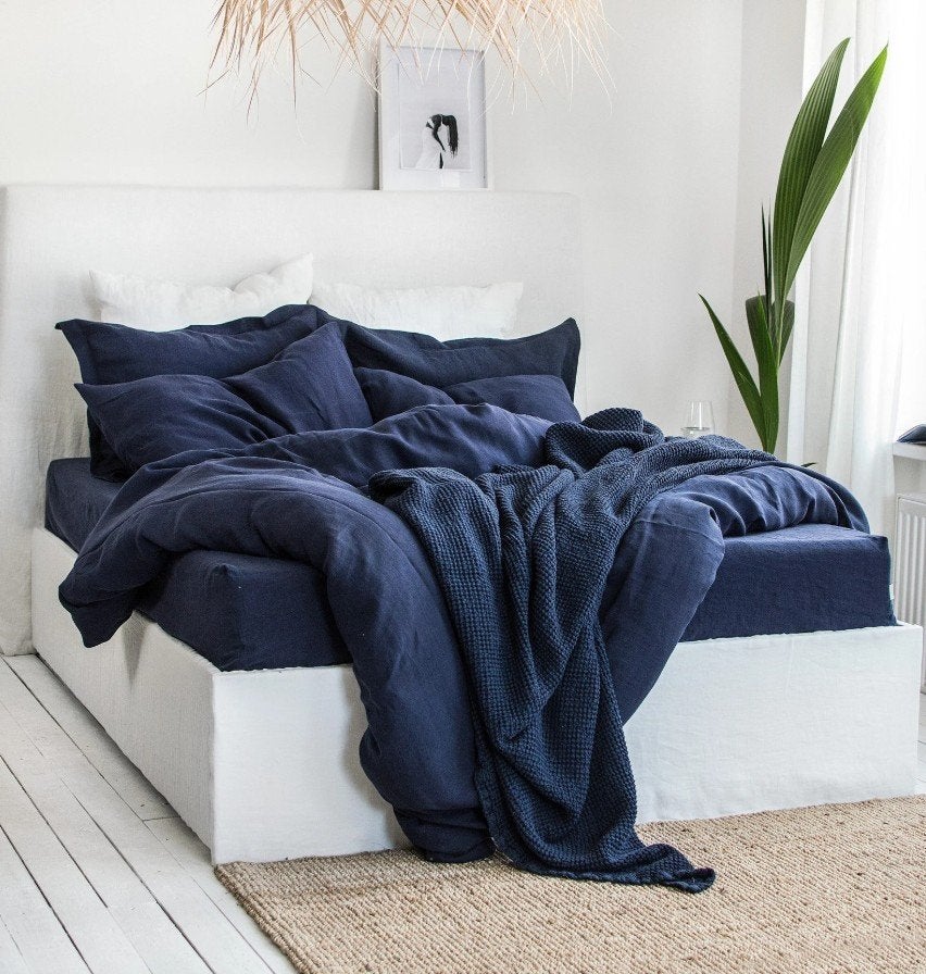 100% linnen dekbedovertrek 260x240 met slopen Dark Jeansbleu, Nieuw, Ophalen of Verzenden, Ademend, Blauw