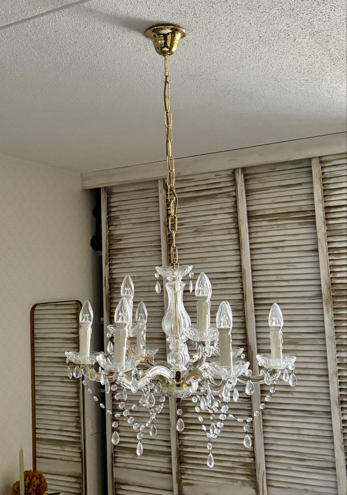Kroonluchter met glazen kristallen en 9 lichtpunten, Ophalen, Zo goed als nieuw, Glas, E14 (klein)