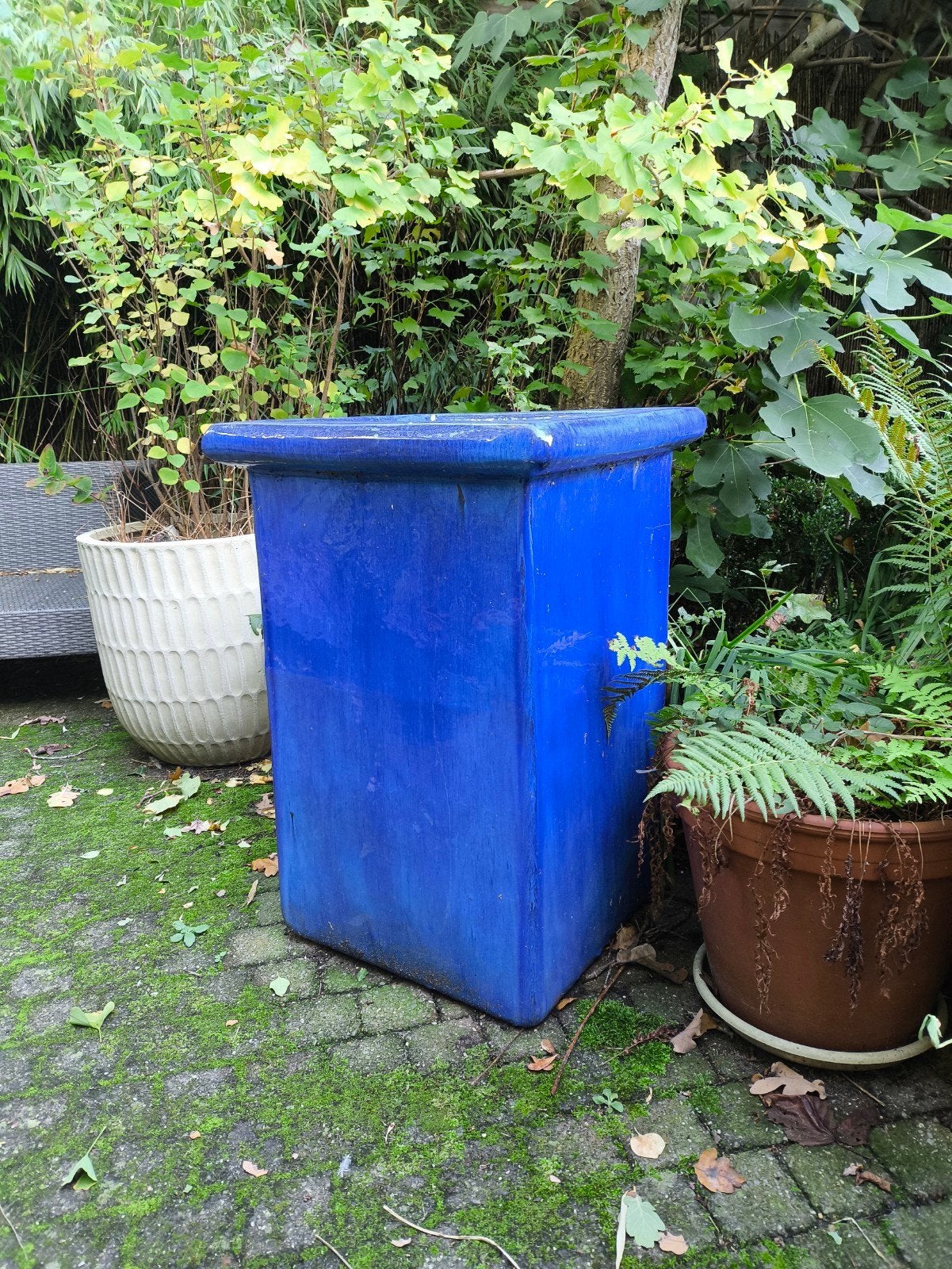 Grote blauw geglazuurde bloempot - 78 cm hoog, Ophalen, Overige materialen, Gebruikt, Minder dan 60 cm