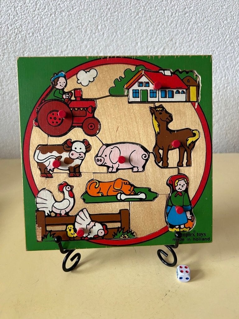 Vintage houten Simplex knoppenpuzzel boerderij jaren 60, Gebruikt, Ophalen of Verzenden, Van hout, Minder dan 10 stukjes