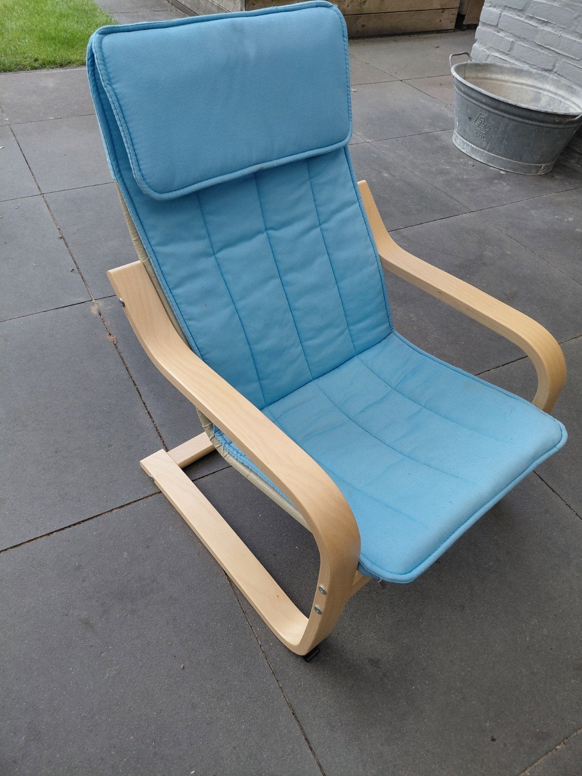 IKEA Poäng fauteuil met blauwe kussens, Ophalen, Gebruikt, Modern, Scandinavisch, Blauw