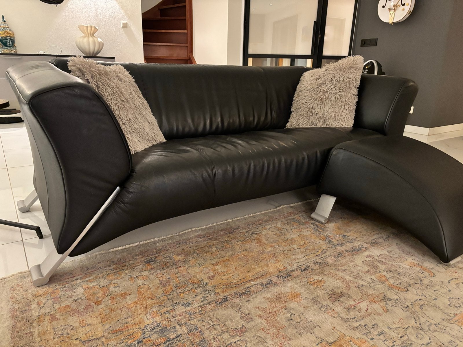 2x Rolf Benz 322 design banken & 1x hocker - Zwart leer, Huis en Inrichting, Ophalen, Gebruikt, Leer
