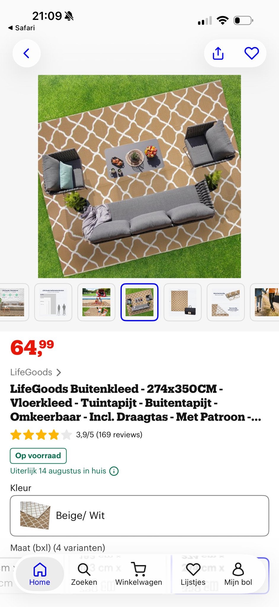 Lifegoods Vloerkleed Buiten Beige/Wit Nieuw in Verpakking, Beige, Nieuw, Ophalen of Verzenden, 200 cm of meer
