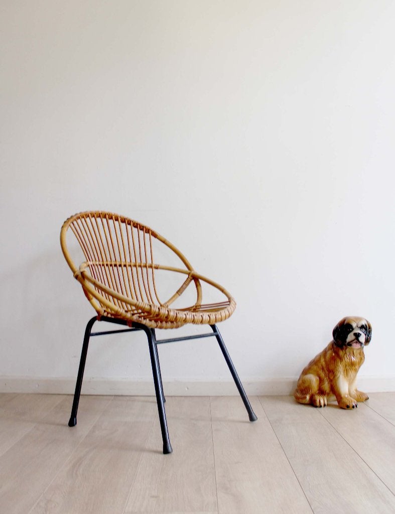 Vintage rotan fauteuil, Rohe. Rieten retro stoeltje, Huis en Inrichting, Fauteuils, Ophalen, O, Minder dan 75 cm, Metaal