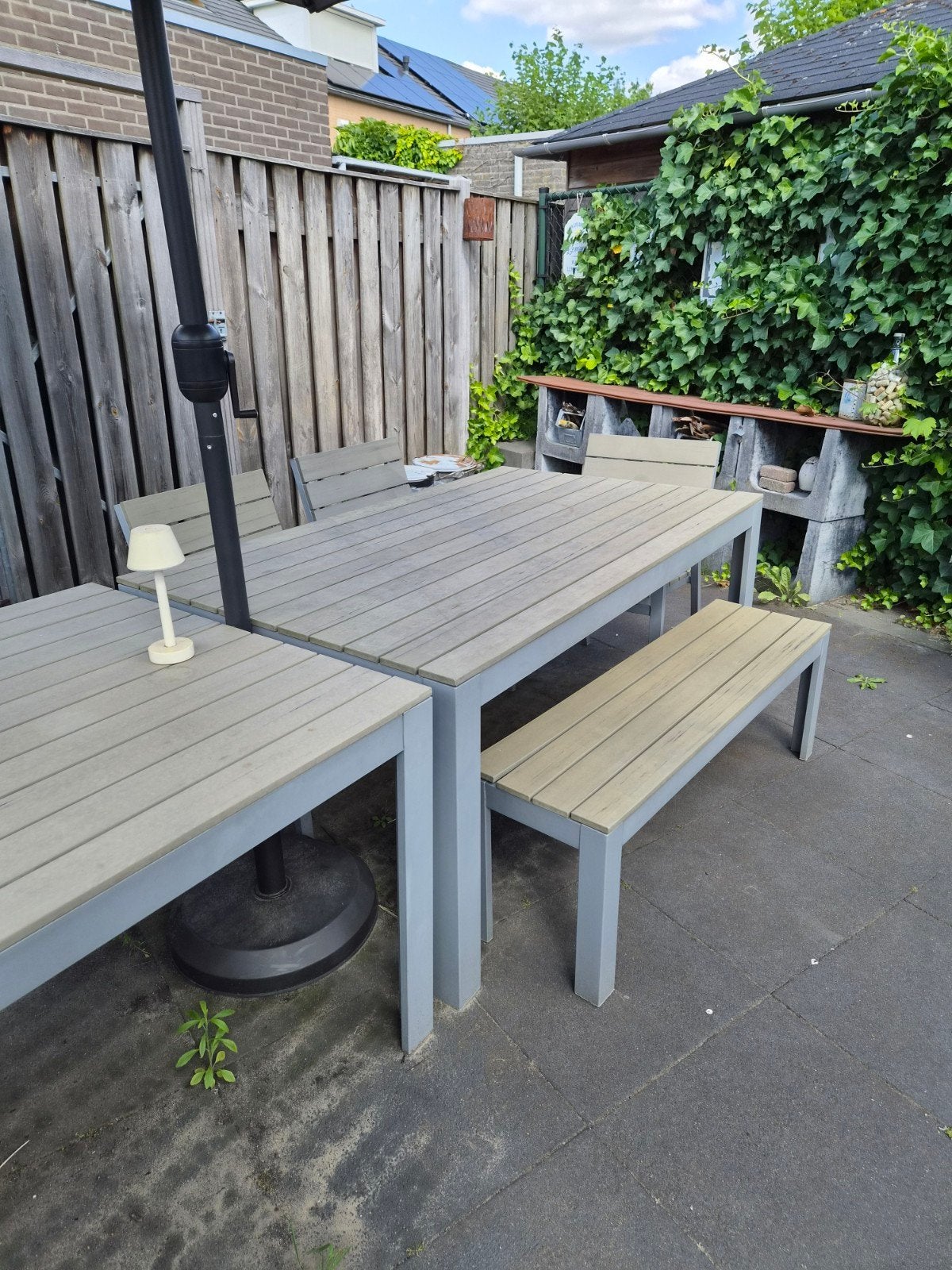 Ikea falster tuinset 2 tafels, 1 bank en 3 stoelen, Ophalen, Gebruikt, Bank, 6 zitplaatsen
