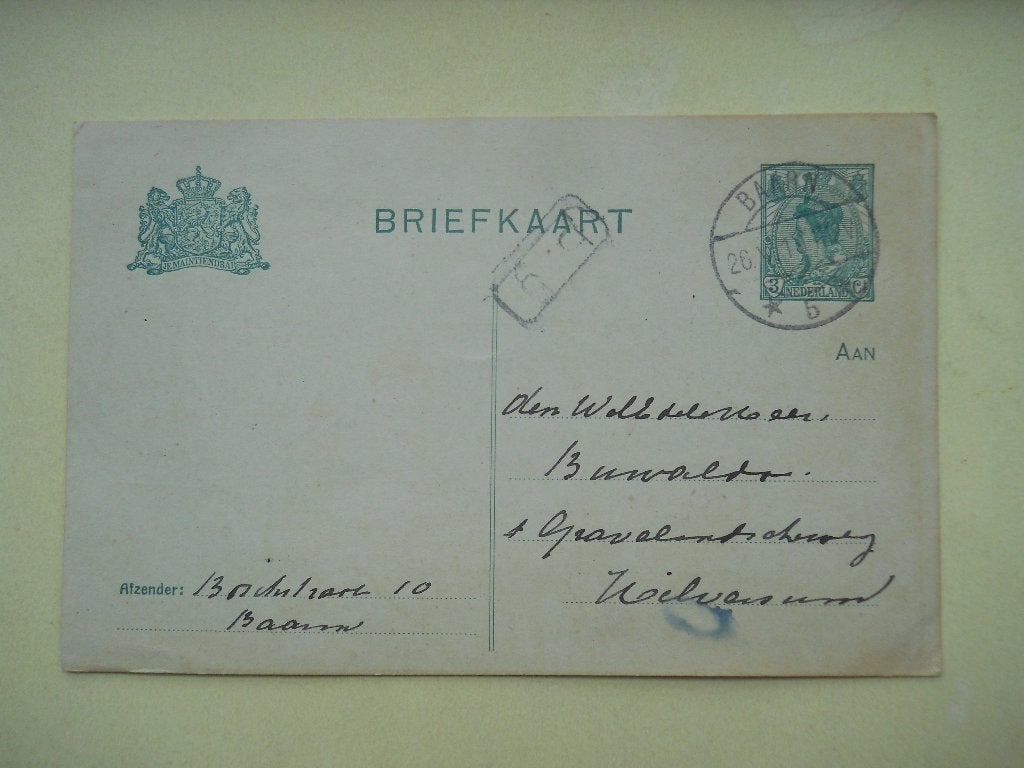 Nederland Briefkaart Kon. Wilhelmina Rondstempel Baarn, Postzegels en Munten, Brieven en Enveloppen | Nederland, Ophalen of Verzenden