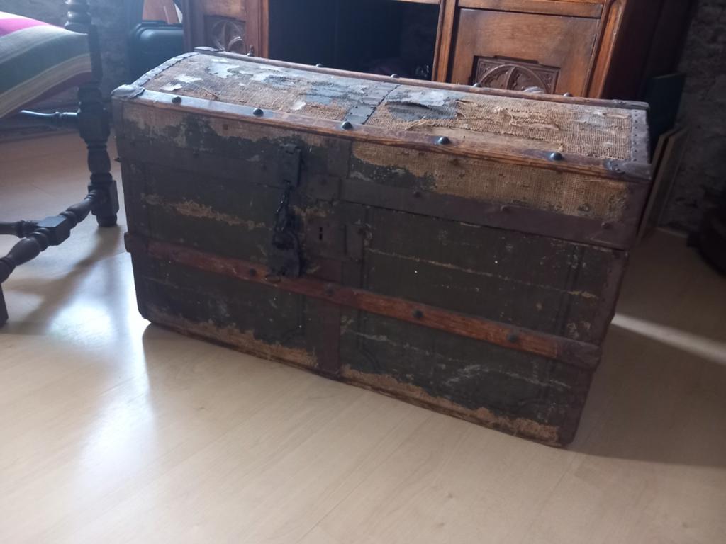 Antieke brocante reis/dekenkist, Ophalen, Gebruikt, 50 tot 100 cm