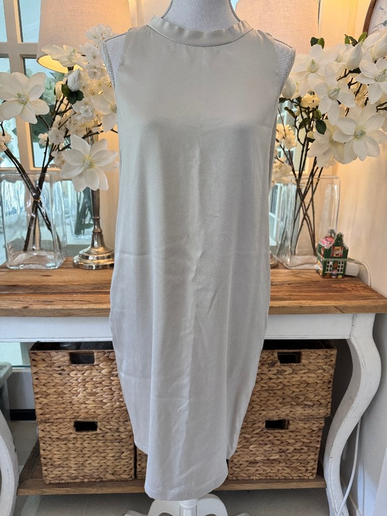 Chique, Zilver-Grijs-Crème jurk Max Mara 36-38, zijde/elast., Kleding | Dames, Verzenden, Zo goed als nieuw, Maat 36 (S), Beige