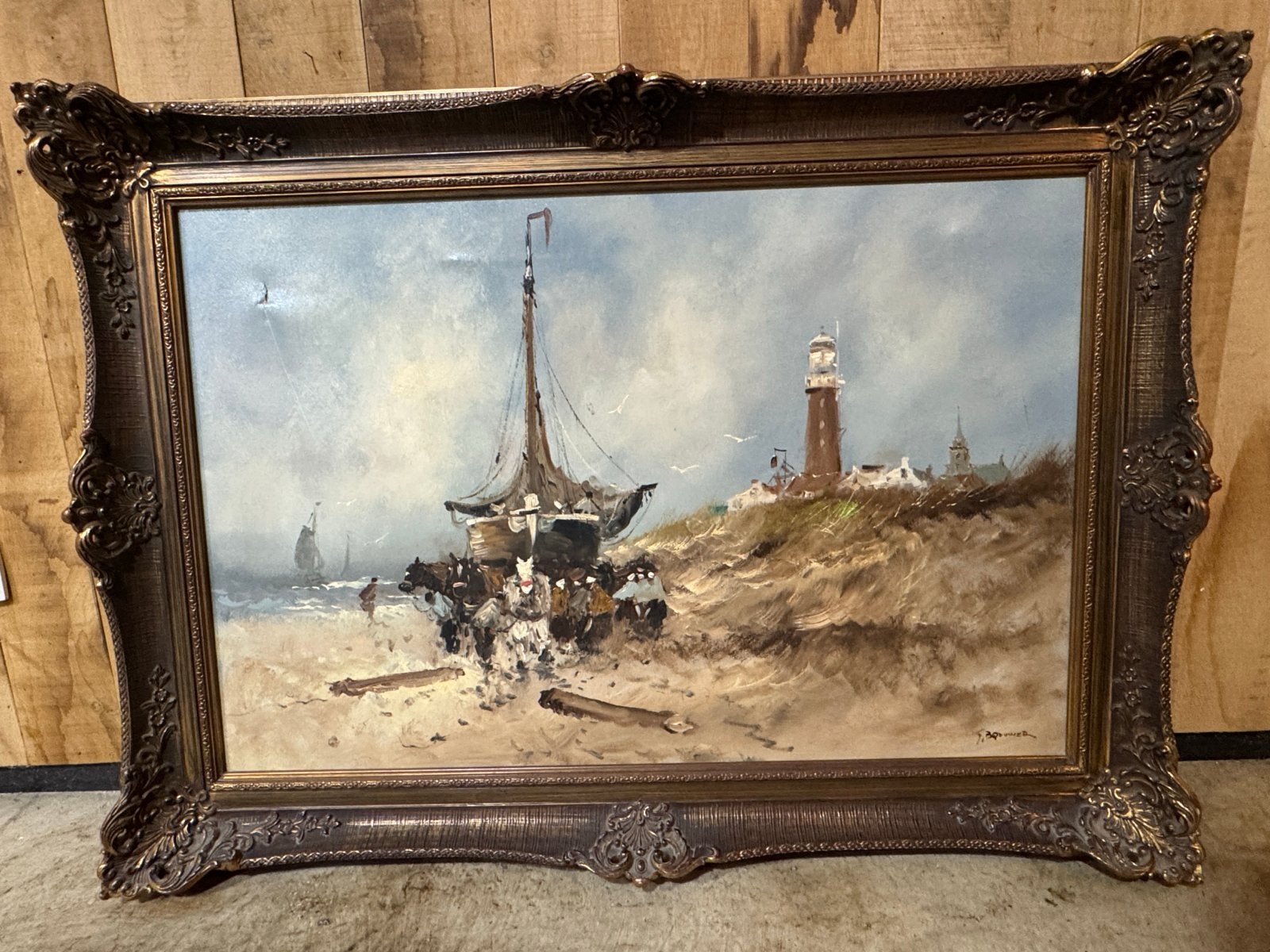 Schilderij met vuurtoren en vissersboot op strand, Antiek en Kunst, Maritiem / water, Doek, Realistisch, Ophalen of Verzenden