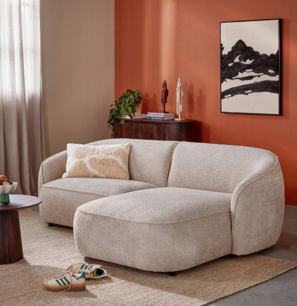 by fonQ Chubby Hoekbank Rechts Bouclé Greige | Van €1199, nu, Byfonq, Byfonq, Nieuw, 75 tot 100 cm