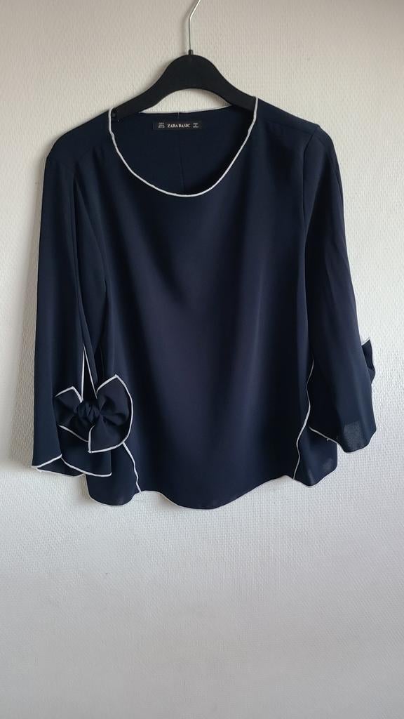 Zara Blouse met Witte Bies en Strik, Maat 38/40 (M), Blauw, Ophalen of Verzenden, Zo goed als nieuw