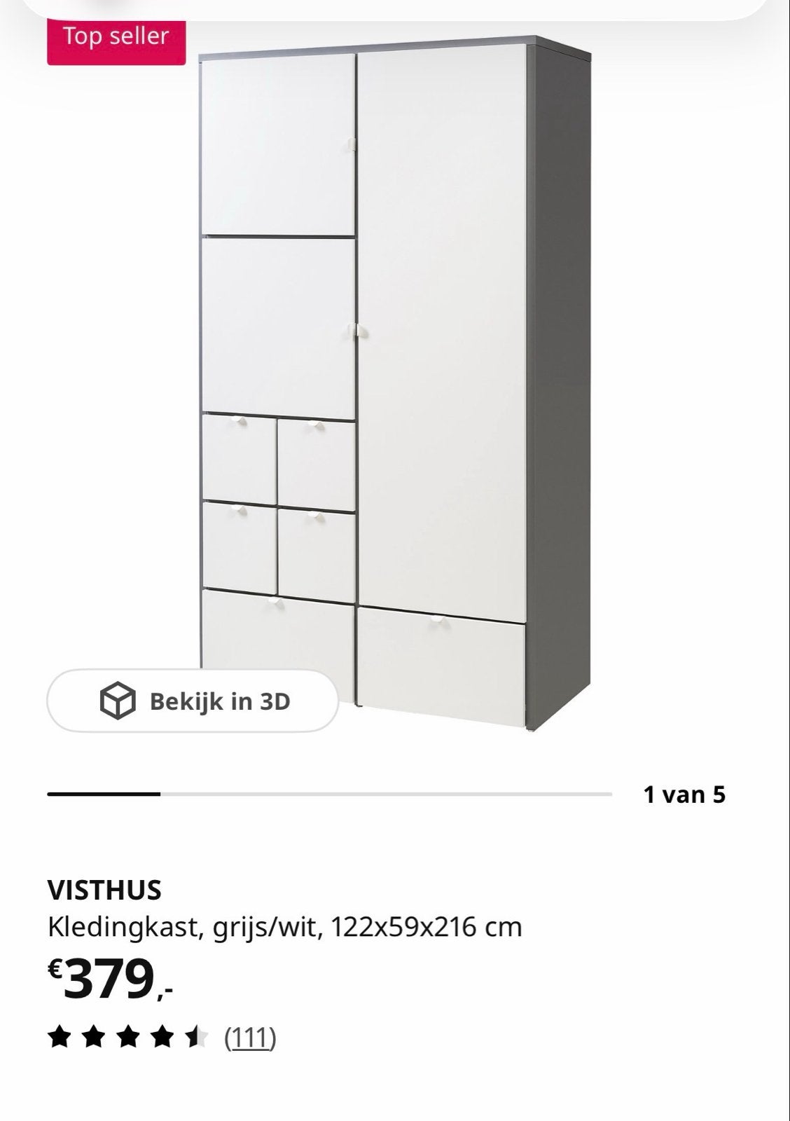 Ikea Vistus kledingkast grijs/wit 122x59x216 cm, Ophalen, Overige materialen, 100 tot 150 cm, 200 cm of meer