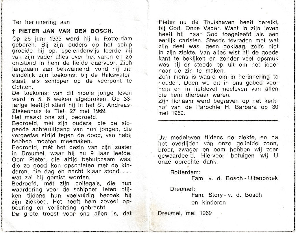 Pieter Jan van Den Bosch Rotterdam 1935 Tiel 1969 Dreumel, Verzamelen, Ophalen of Verzenden, Bidprentje