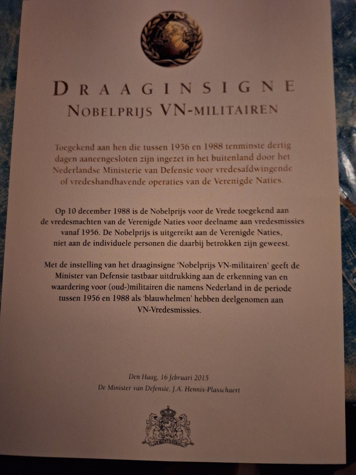 Setevicaat draaginsigne nobelprijs voor de vrede, Verzenden, Landmacht, Nederland