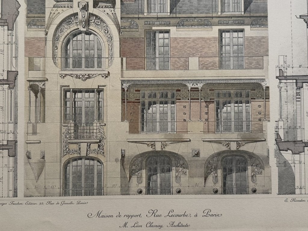 Antieke Parijs gevel - Belle Époque chromolithografie 1910, 40 cm, 50 cm, Architectuur, Ophalen of Verzenden