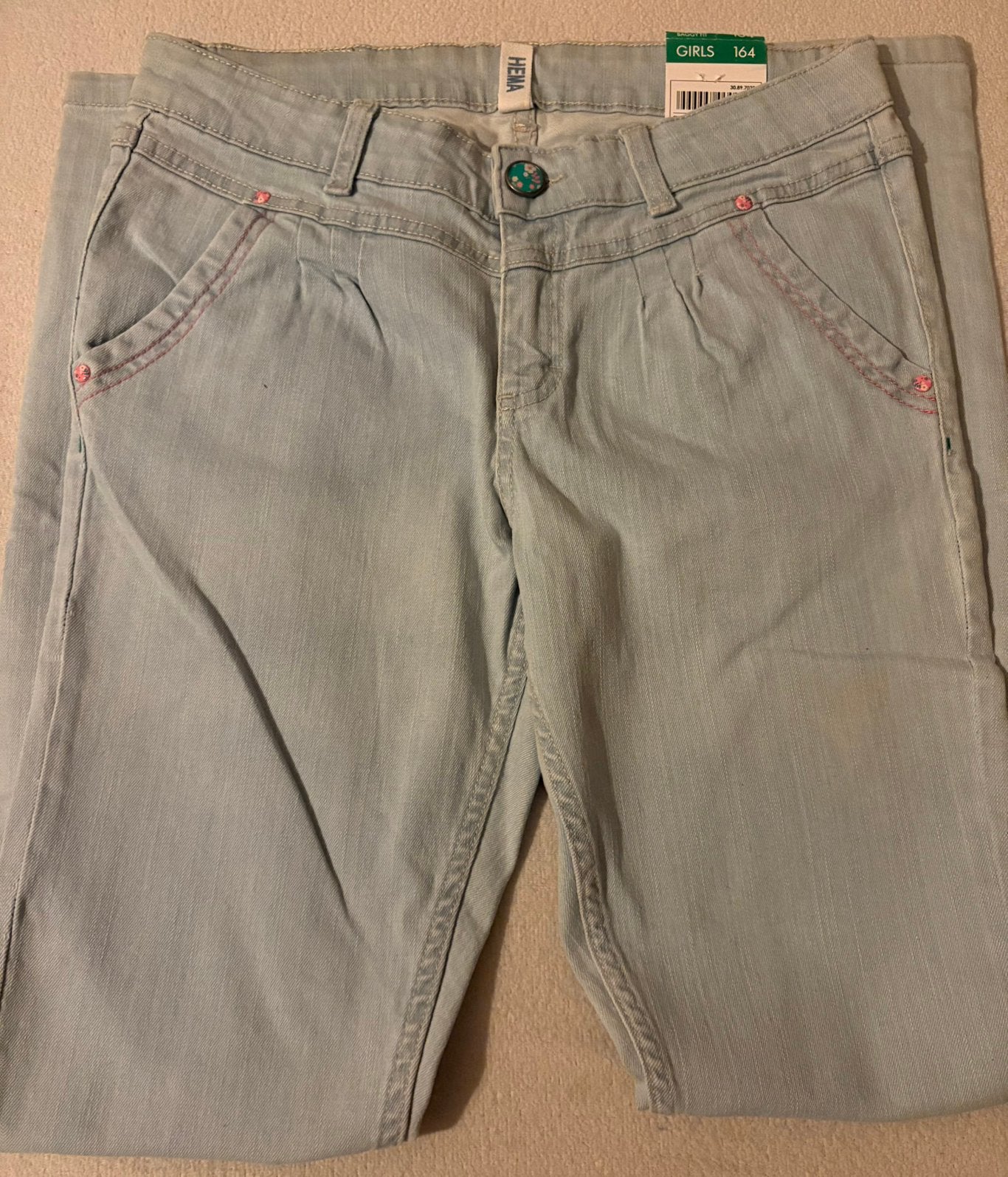 Nieuw - Lichtblauwe spijkerbroek, baggy model, maat 164, Kinderen en Baby's, Ophalen of Verzenden, Nieuw, Meisje, Broek