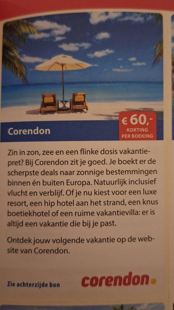 Corendon 60 euro korting per boeking, Tickets en Kaartjes, Kortingen en Cadeaubonnen, Drie personen of meer, Kortingsbon