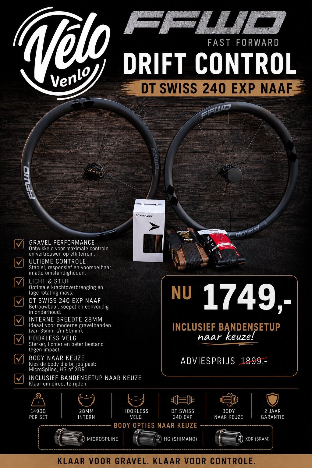FFWD Drift Control carbon gravel wielset incl. Banden setup, Fietsen en Brommers, Fietsonderdelen, Wiel, Stalbergweg, FFWD, Info@velovenlo.nl