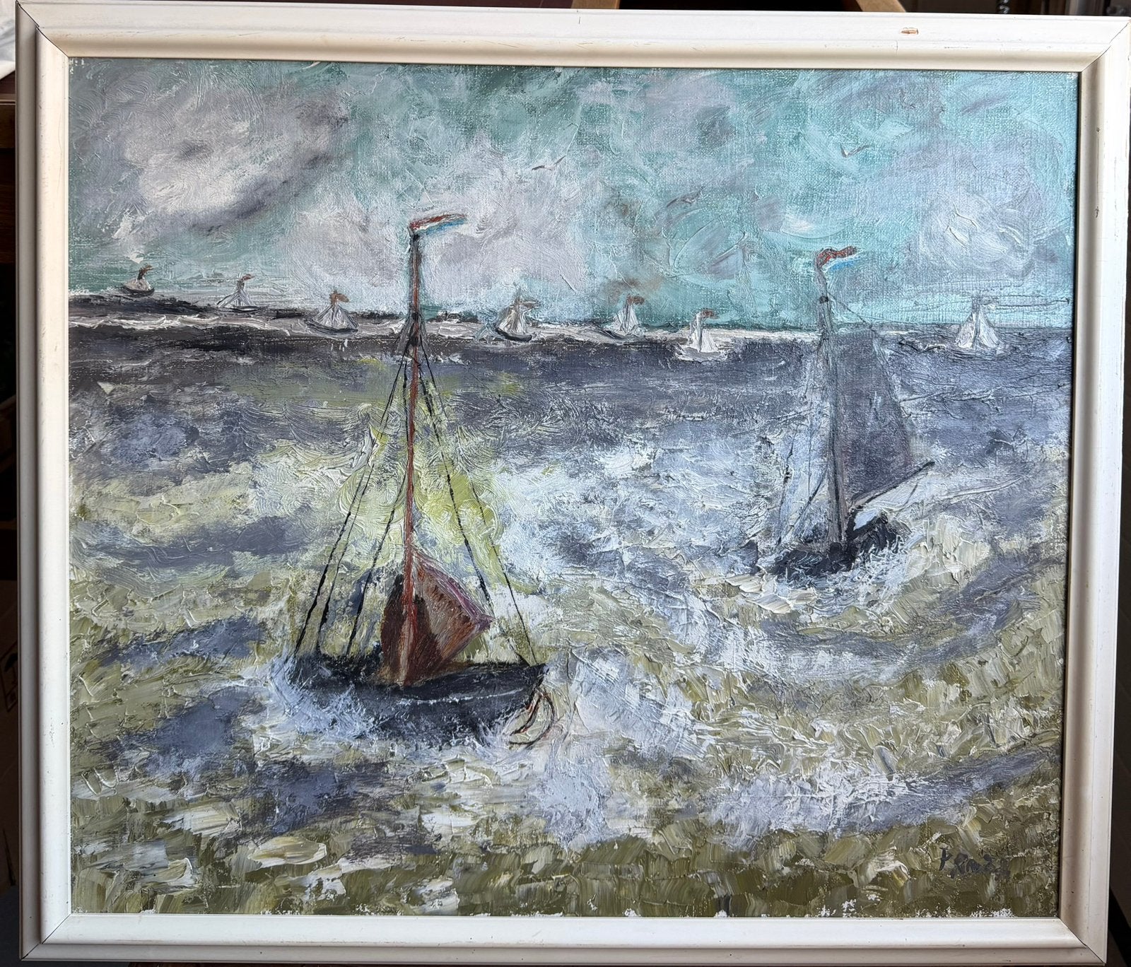 Boten op een ruwe zee, Maritiem / water, Doek, Expressionistisch, Olieverf