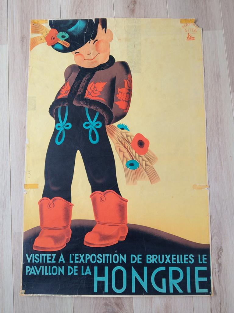 Vintage Hongarije Expo Brussel Poster - Mallász Gitta, Verzamelen, Posters, Ophalen of Verzenden, A1 t/m A3, Reclame, Rechthoekig Staand