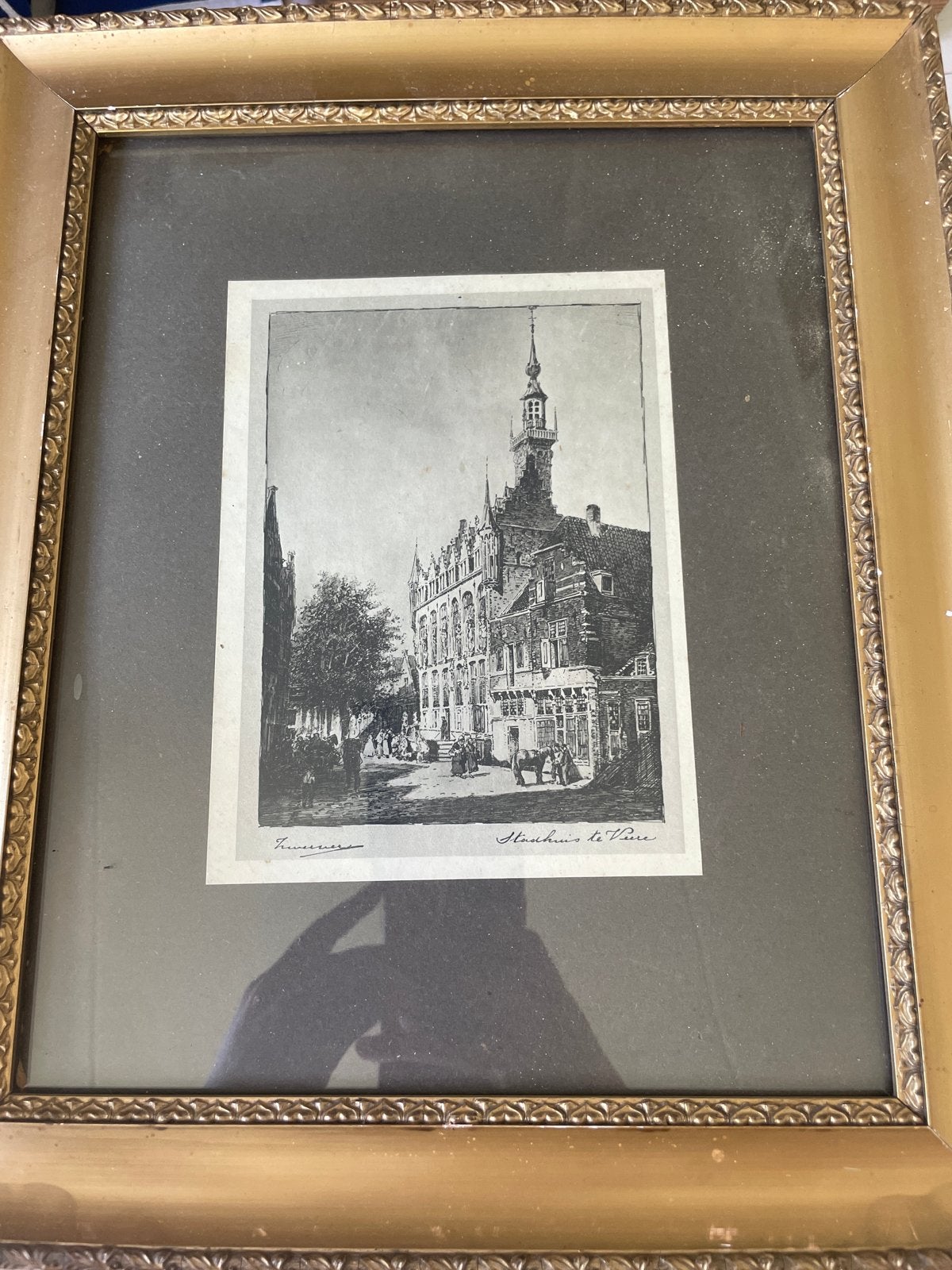 Ets Stadhuis Veere, ingelijst, 19e eeuw, Ingelijst, 1800 - 1899, Ets, Stadsgezicht