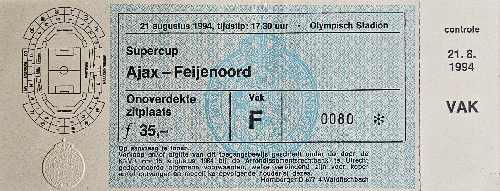 super cup kaartje 1994 Olympisch stadion, Ophalen of Verzenden, Zo goed als nieuw, Feyenoord, Overige typen