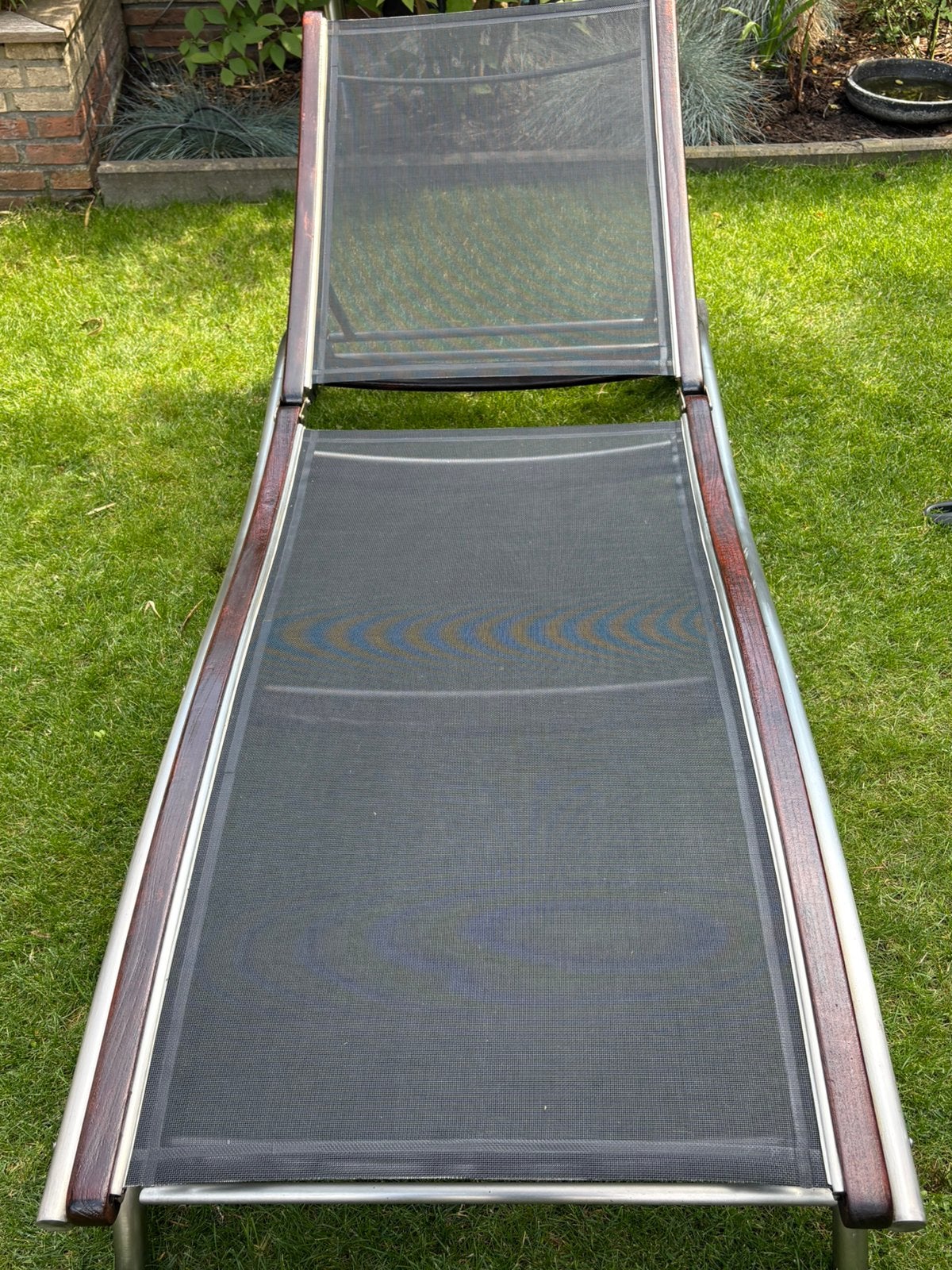 Rvs teak textyleen 5 standen ligbed verrijdbaar, Ophalen, Zo goed als nieuw, Textileen, Verstelbaar
