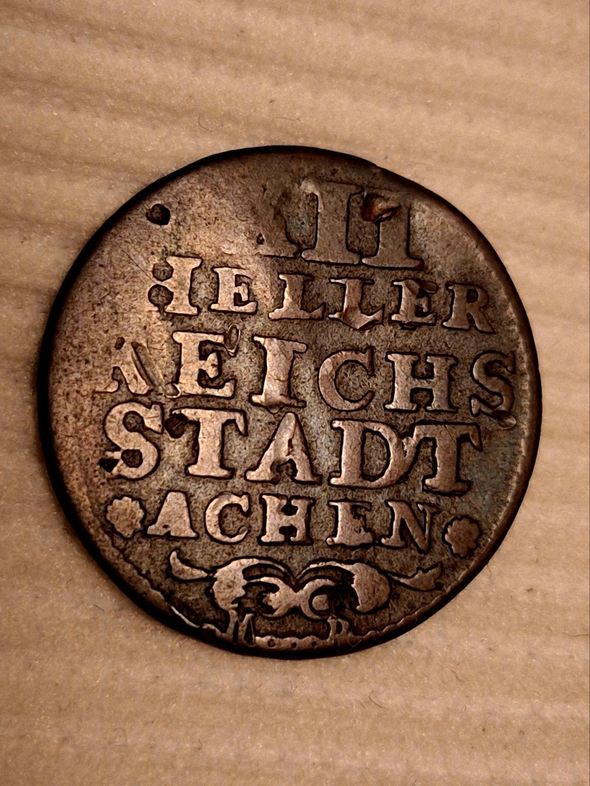 Zeldzame koperen 12 Heller 1760 – Vrije Rijksstad Aken (Mart, Ophalen of Verzenden