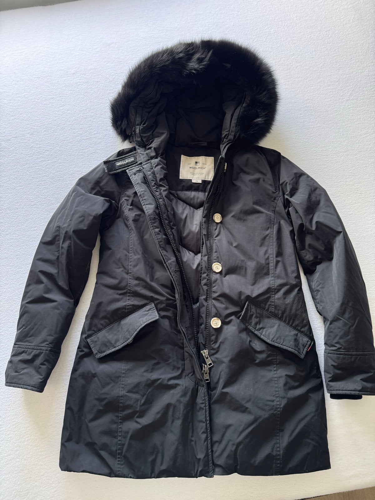 Zwarte Woolrich winterjas met afneembare bontkraag - maat XS, Ophalen of Verzenden, Gedragen, Maat 34 (XS) of kleiner, Zwart