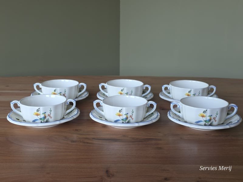 Frans GIEN decor Oiseaux de Paradis set 6x Soepkom & schotel, Verzenden