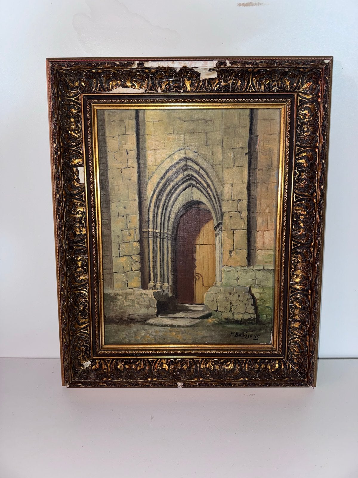 Oud schilderij van kerkpoort, gesigneerd K. Bardens, Ophalen of Verzenden