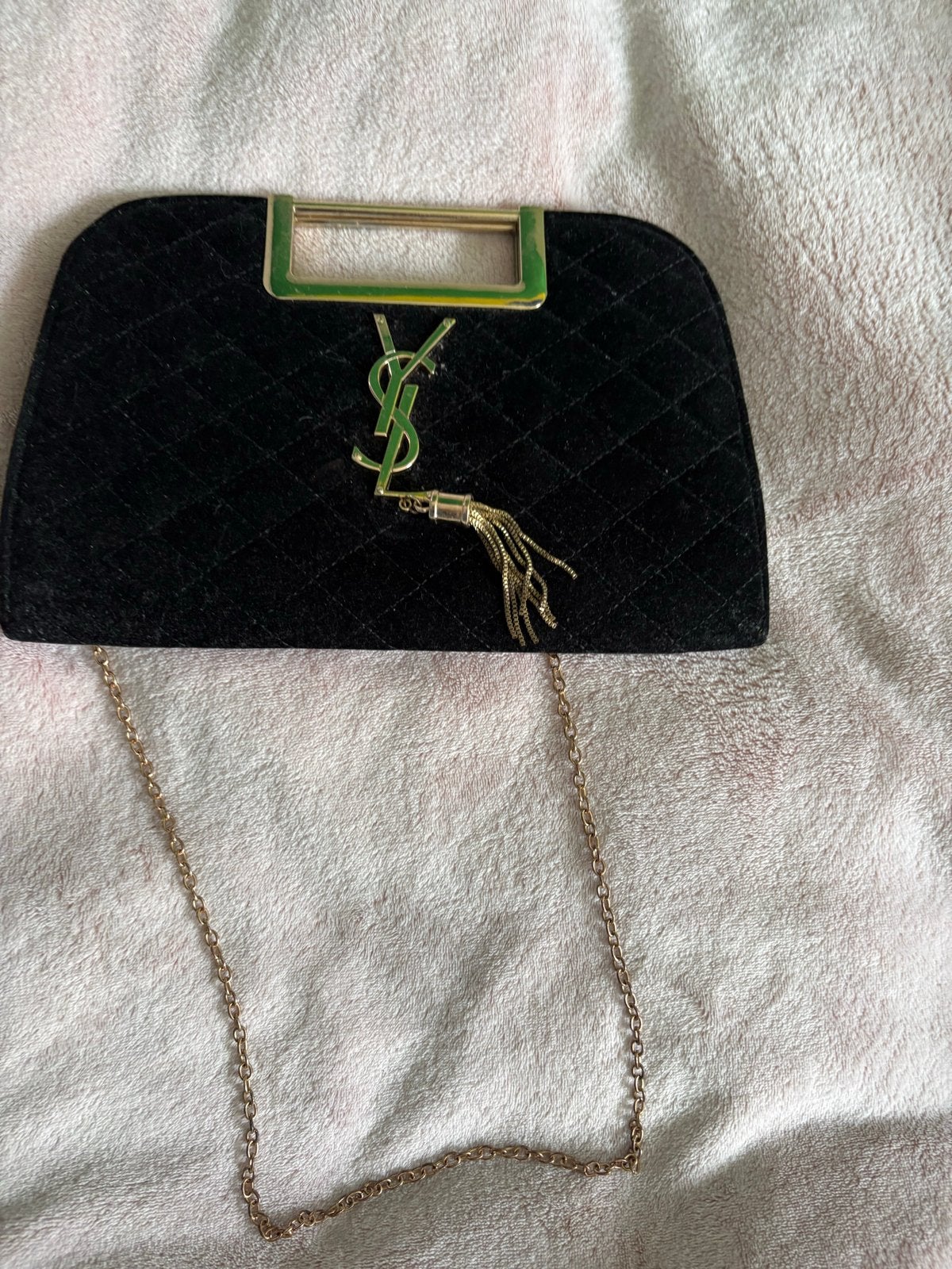 Zwart fluwelen avondtasje met YSL-logo en ketting, Ophalen, Zo goed als nieuw, Zwart, Avondtasje