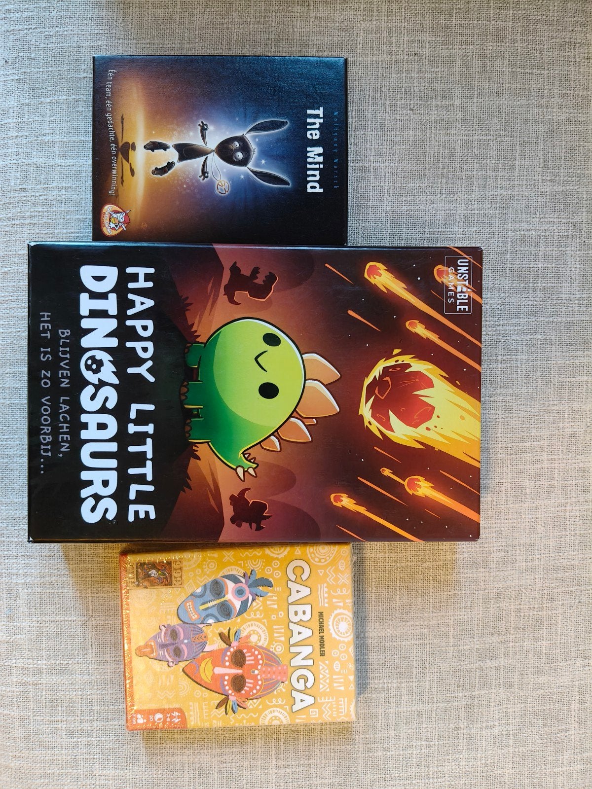 Bordspellen: The Mind, Happy Little Dinosaurs, Cabanga, Vijf spelers of meer, Ophalen of Verzenden, Zo goed als nieuw, 999 Games, Unstable Games, White Goblin Games