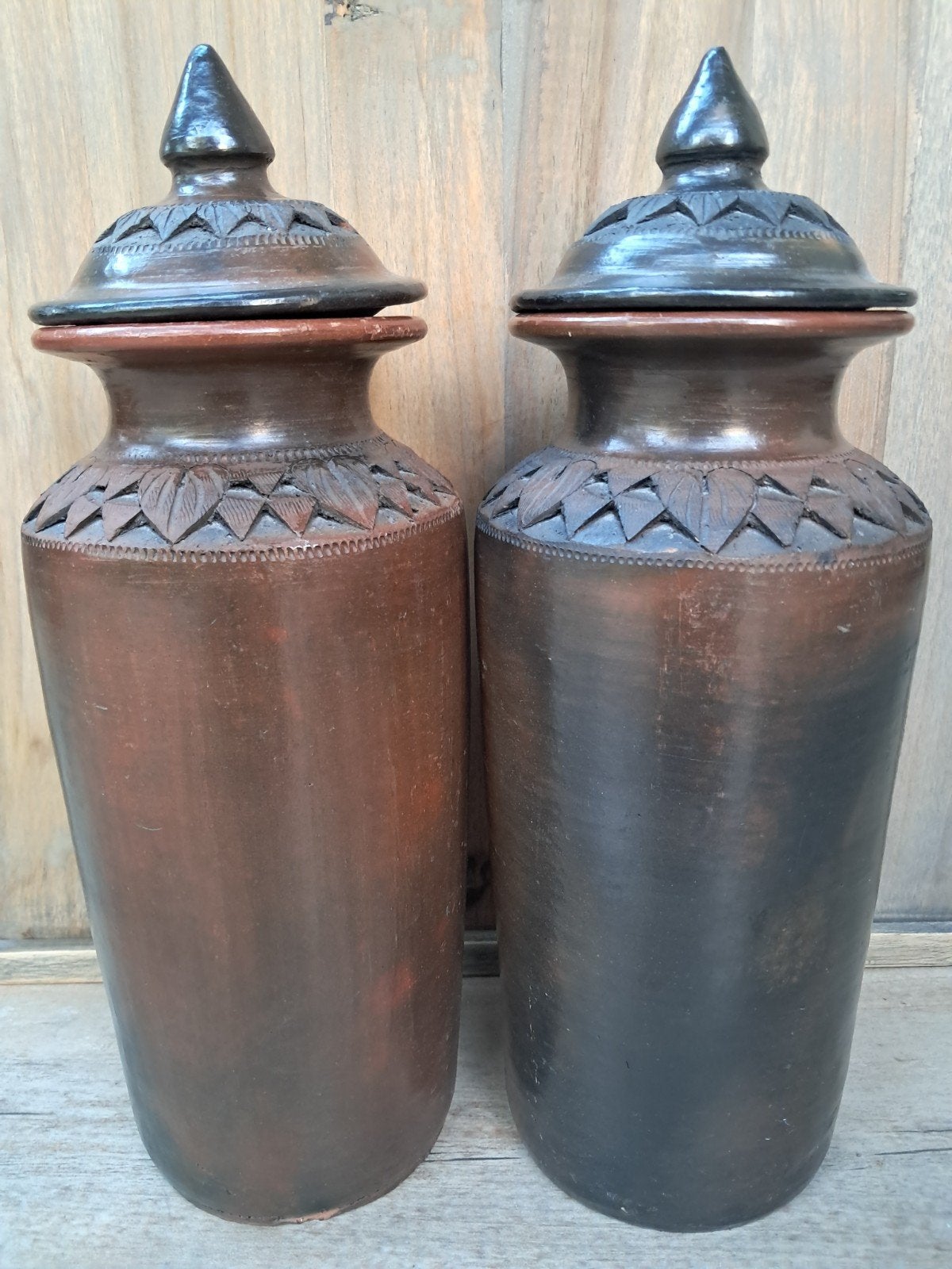 Prachtige Set van 2 Indonesische Raku Potten met Deksel, Ophalen of Verzenden, Met deksel