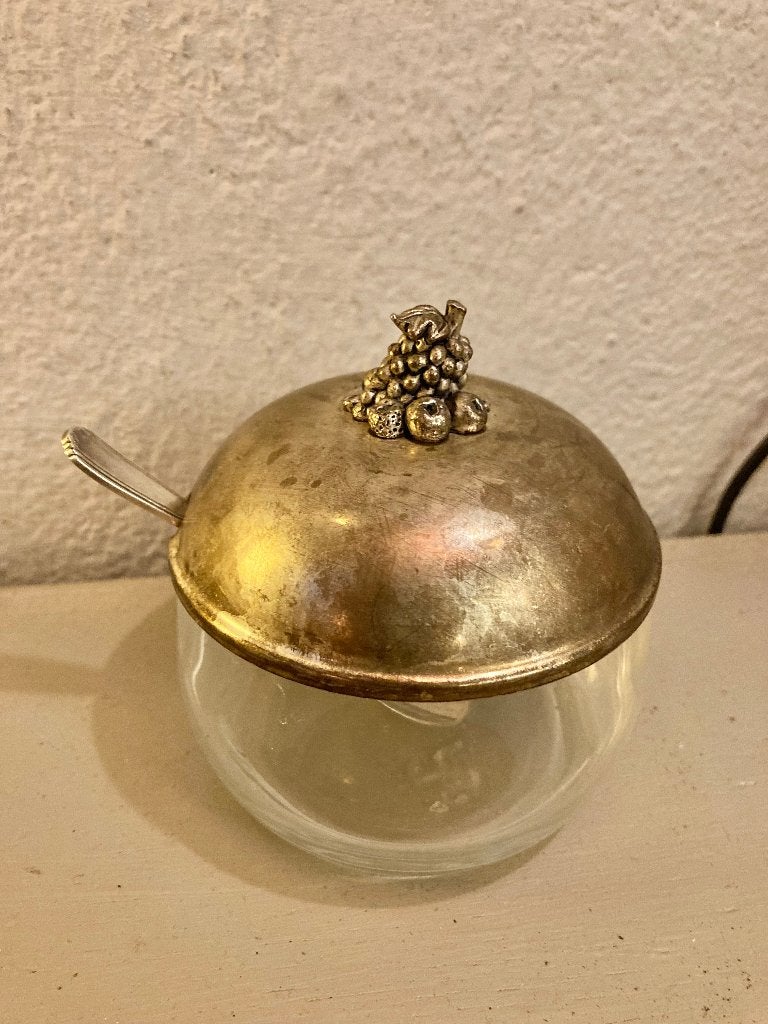 Vintage retro verzilverd glazen suikerpotje potje met lepel, Ophalen of Verzenden