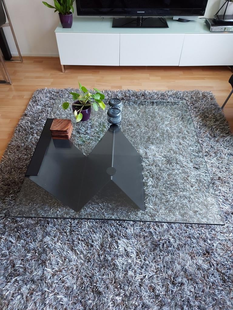 Design salontafel van zwaar staal en glas!, Ophalen, Gebruikt, 50 tot 100 cm, Vierkant