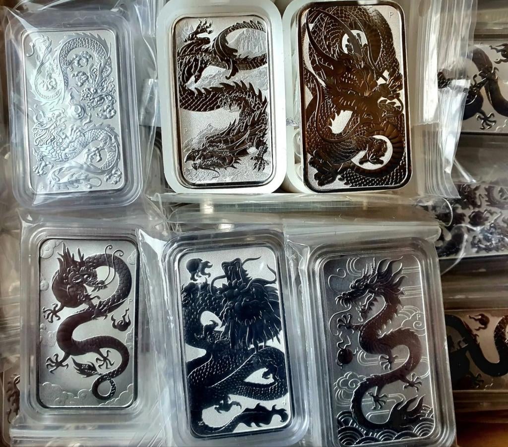 Zilver 1 oz rectangle dragon complete serie van 8 stuks, Ophalen of Verzenden, Zilver