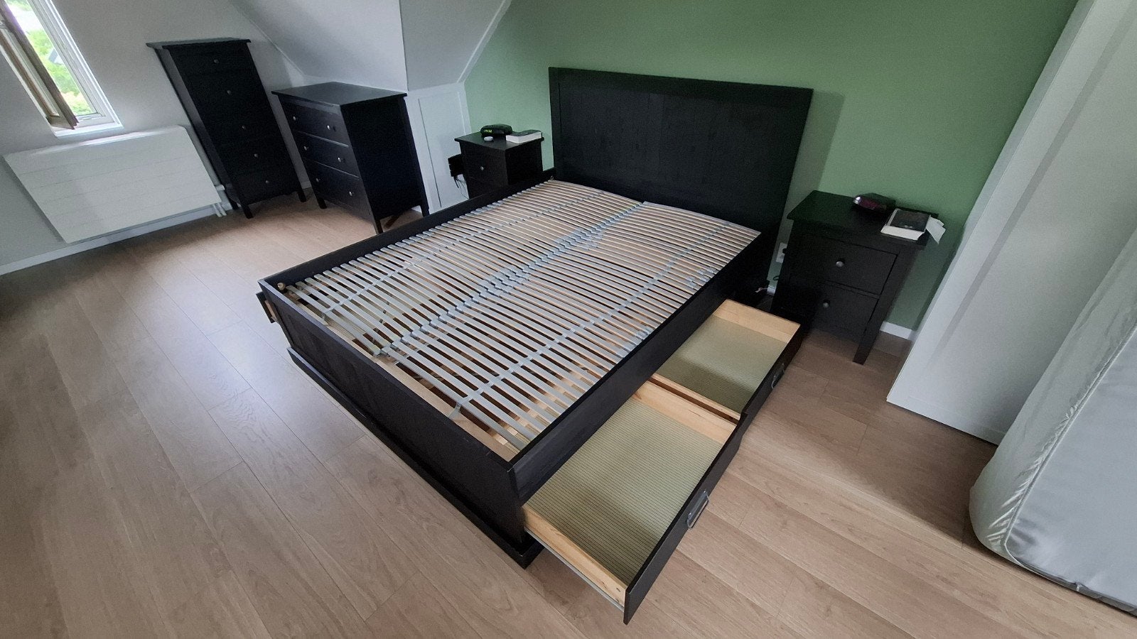 Tweepersoonsbed 160cm met lades en lattenbodems, Huis en Inrichting, Slaapkamer | Bedden, Ophalen, Gebruikt, Zwart, Tweepersoons