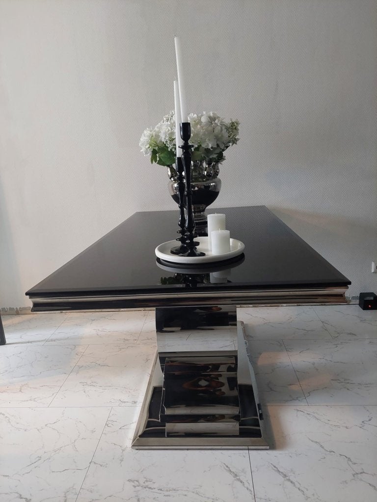 Hoogglans Luxe Eettafel met Gehard Glazen Tafelblad, Ophalen, Glas, 50 tot 100 cm, Zo goed als nieuw