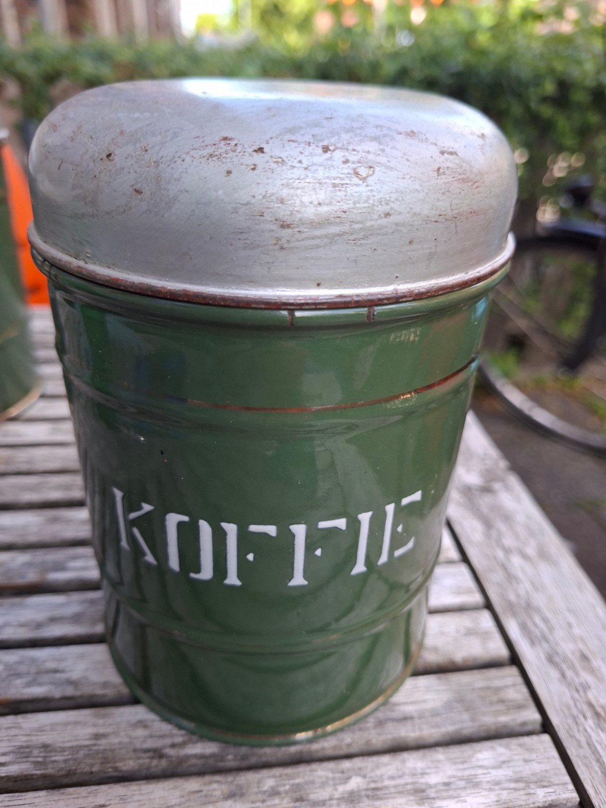 Vintage Groene Koffieblik met Deksel - Emaille Look, Antiek en Kunst, Ophalen of Verzenden