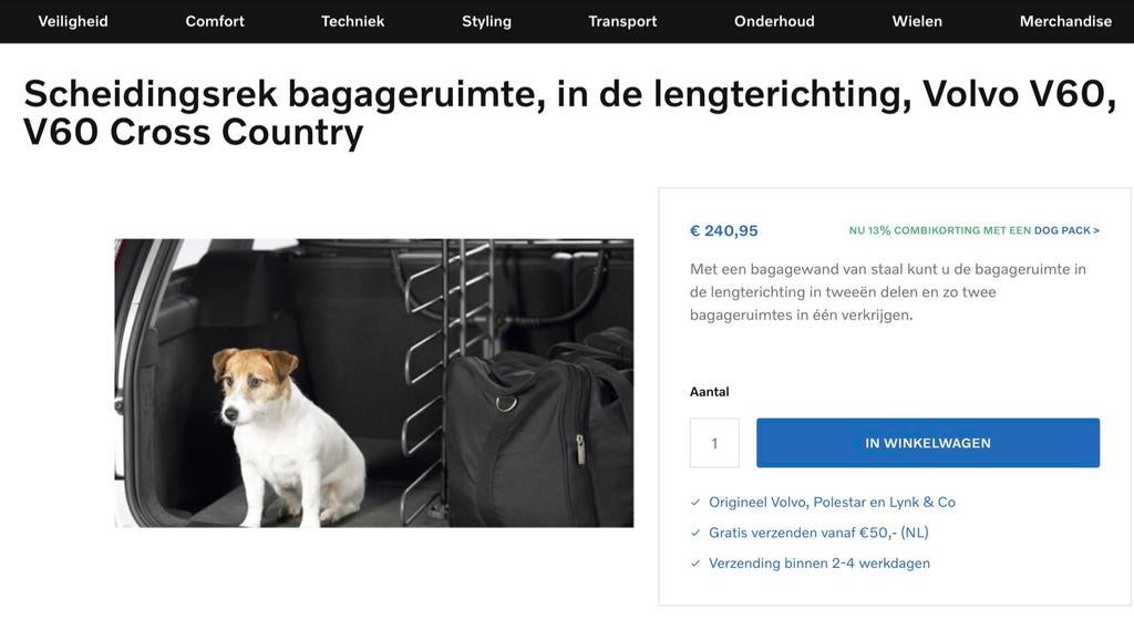 Scheidingsrek (lengte) bagageruimte Volvo V60/V60 CC, Auto diversen, Hondenrekken, Ophalen, Zo goed als nieuw