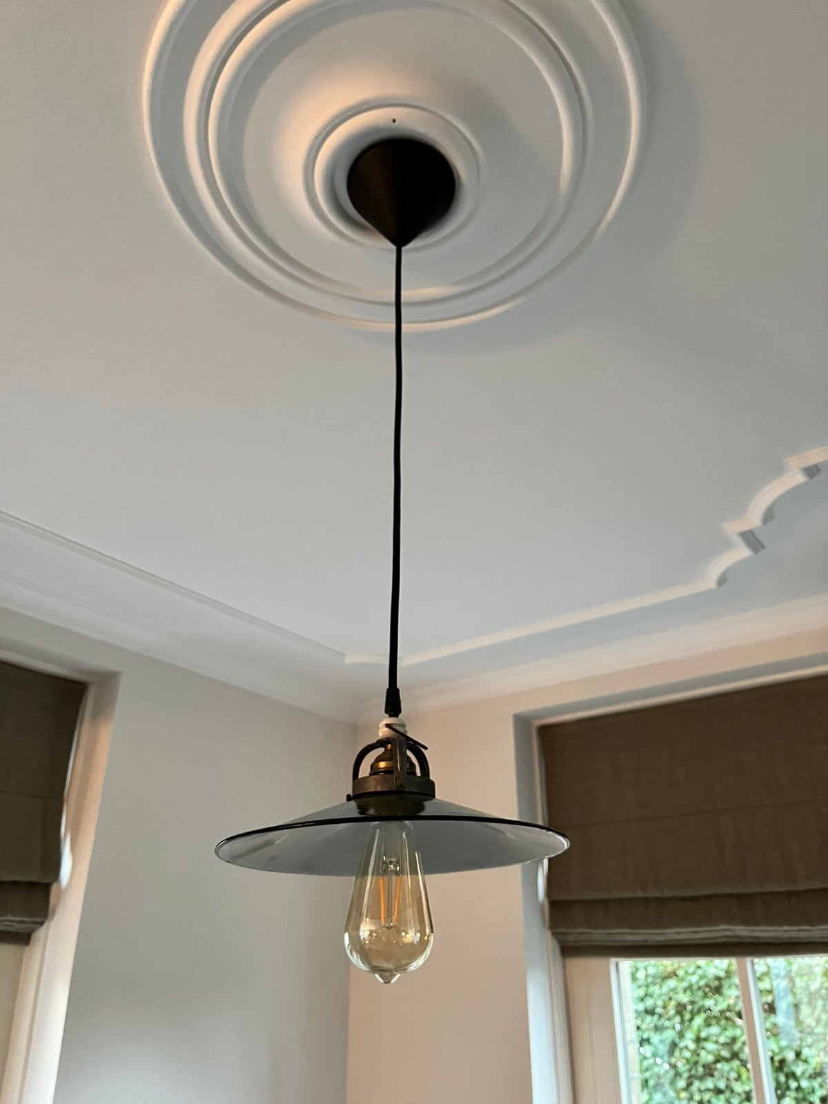 Emaille hanglamp in oud groen, Ophalen of Verzenden, Gebruikt, Metaal, E27 (groot)